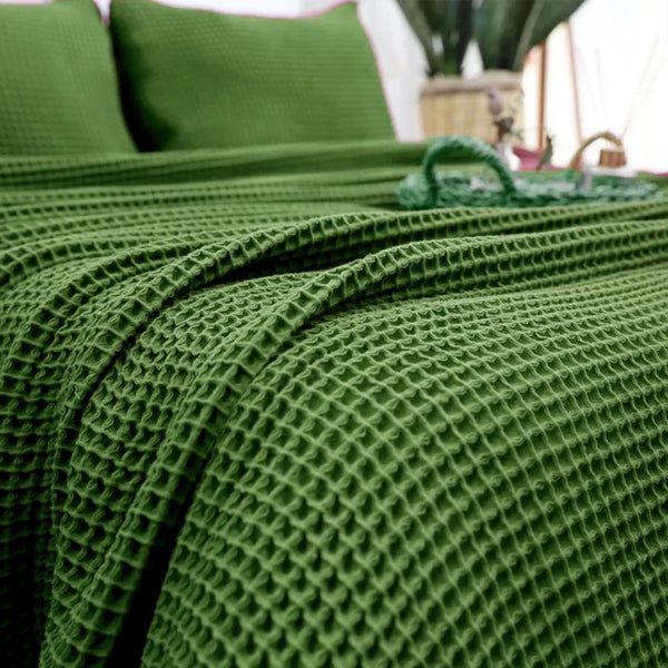 Green Cotton Waffle Weave Blanket | Lightweight | Breathable | Summer | AC Comforter