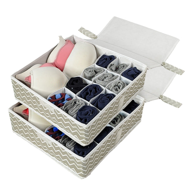 Qoolish Pack of 2 Undergarments White Stripes Organizer Box with Lid